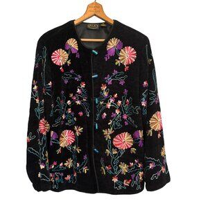 Julia Kim Heavily Embroidered Boho Floral Black Colorful Jacket Oversized Small